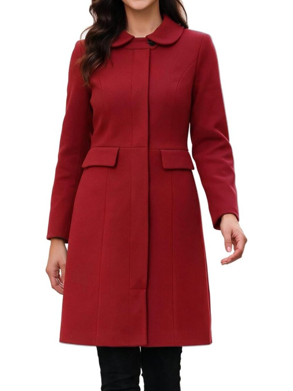 Chic Women's Winter Pea Coat with Peter Pan Collar, Single Breasted, Long Style